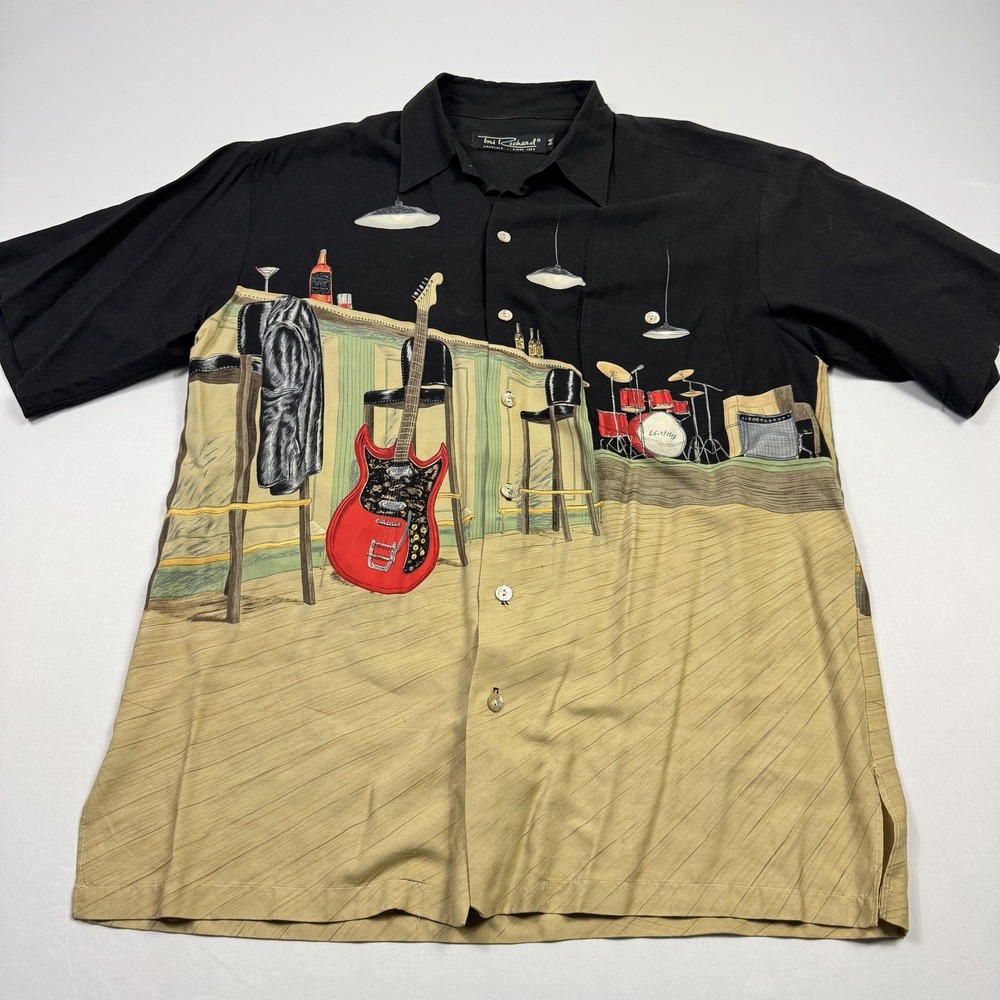 Tori Richard Shirt Mens Medium Bar Scene Guitar Drums Lounge Viscose Music Print